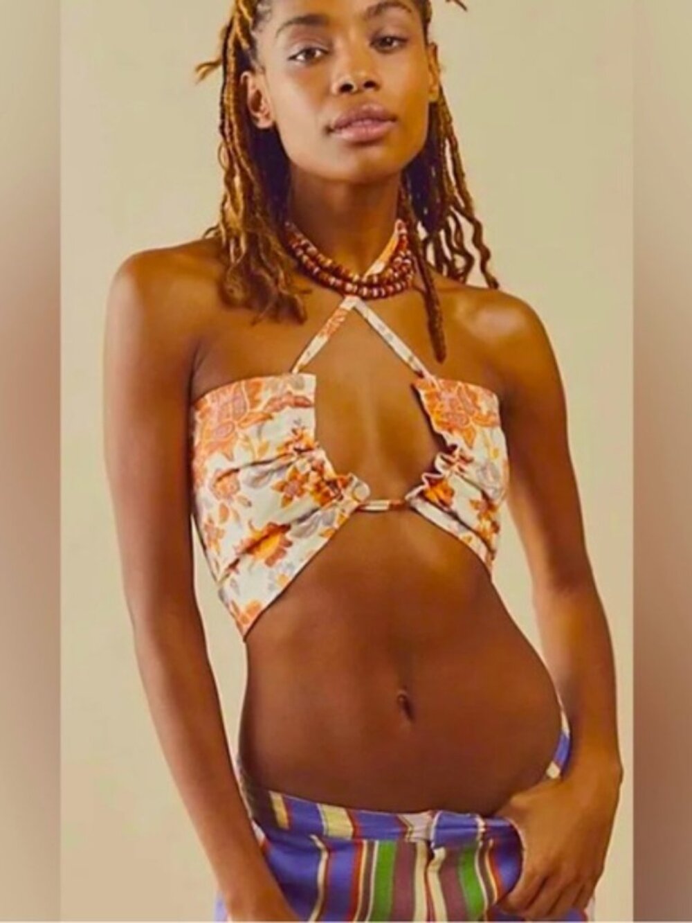 NWT Free People Summer of Love Floral Tie-Front Strapless Crop Top Rust & Cream